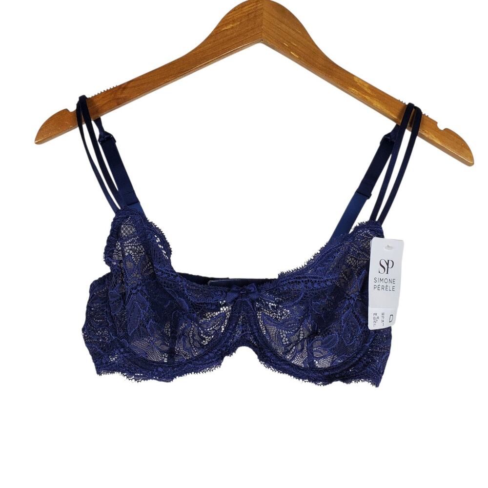 NEW Simone Pelere 12E330 Eden Underwire Plunge Demi Bra Size 34D Blue Lace